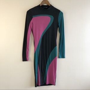 Fashion Nova Retro Wiggle Color Block Fitted Bodycon Midi Dress Black